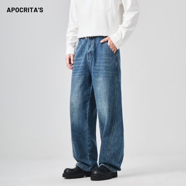 APO OEM Black High-end Men's Jeans Loose Straight-leg American Retro Style Split Pants for Autumn Winter Jeans