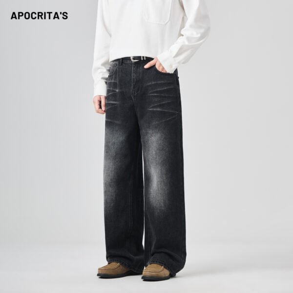 APO Men's Black Jeans Winter American High Street Trendy Loose Straight-leg Long Pants Reach Floor