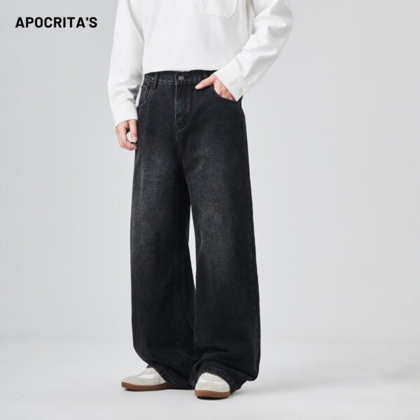 APO Men's High-end Jeans Fall/winter Loose Straight Washed Retro Distressed Tall-length Pants Jean