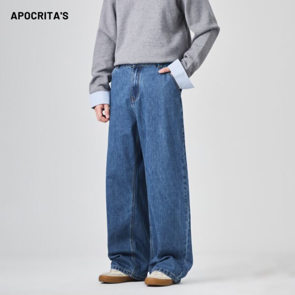 APO American Style Blue Jeans Autumn Winter Trendy Loose Wide-leg Pants for Both Men and Women