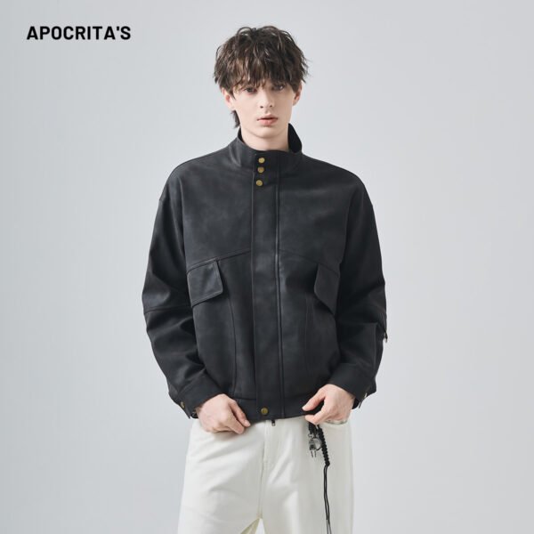 APO OEM/ODM Custom logo Wholesale PU Leather Jacket for Men Trendy Cool Loose Stand-up Collarautumn Motorcycle-style Jacket