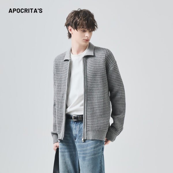 APO OEM Men's Sweater High-Style Autumn-Winter Loose Zipper Waffle Texture Knit Cardigan Coat