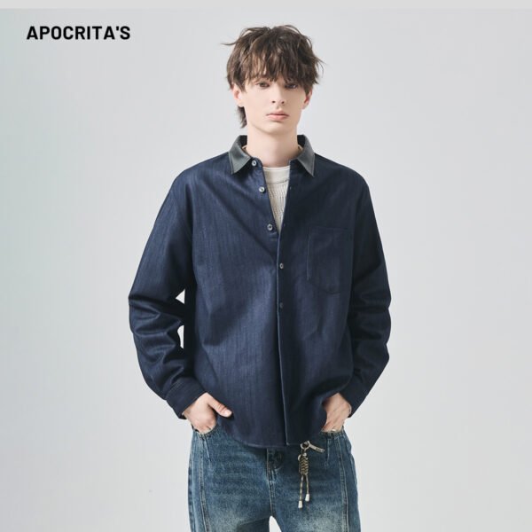 APO Men's Long-sleeved Shirt - Fall/Winter Loose and Relaxed Color-matched PU Collar blazer Shirt