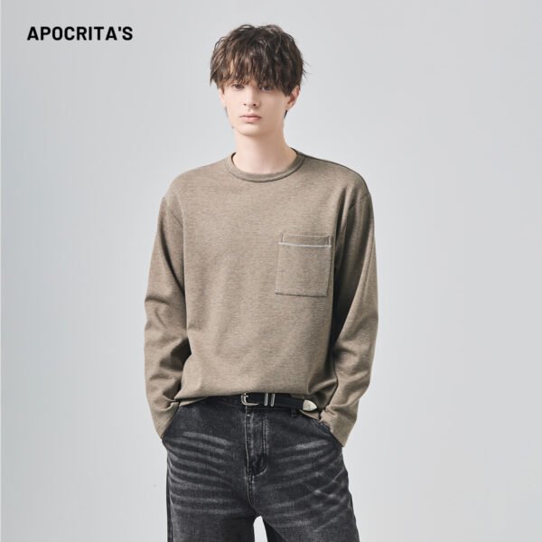 APO Long-sleeved T-shirt for Men Autumn Loose Fit Round Neck Versatile Soft Smooth Solid Color T Shirt