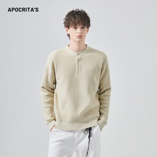 APO Men's Sweater Sophisticated Relaxed Henley Collar with Waffle Knit Inner Layer for Tops in Winter Autumn